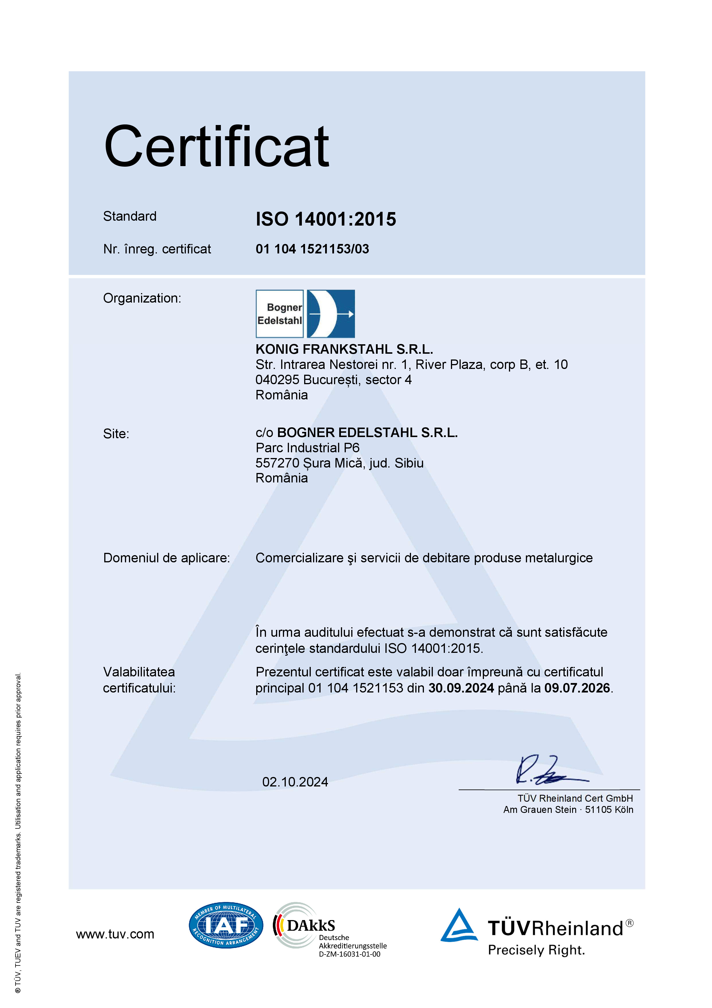 Certificat Bogner ISO 14001:2015