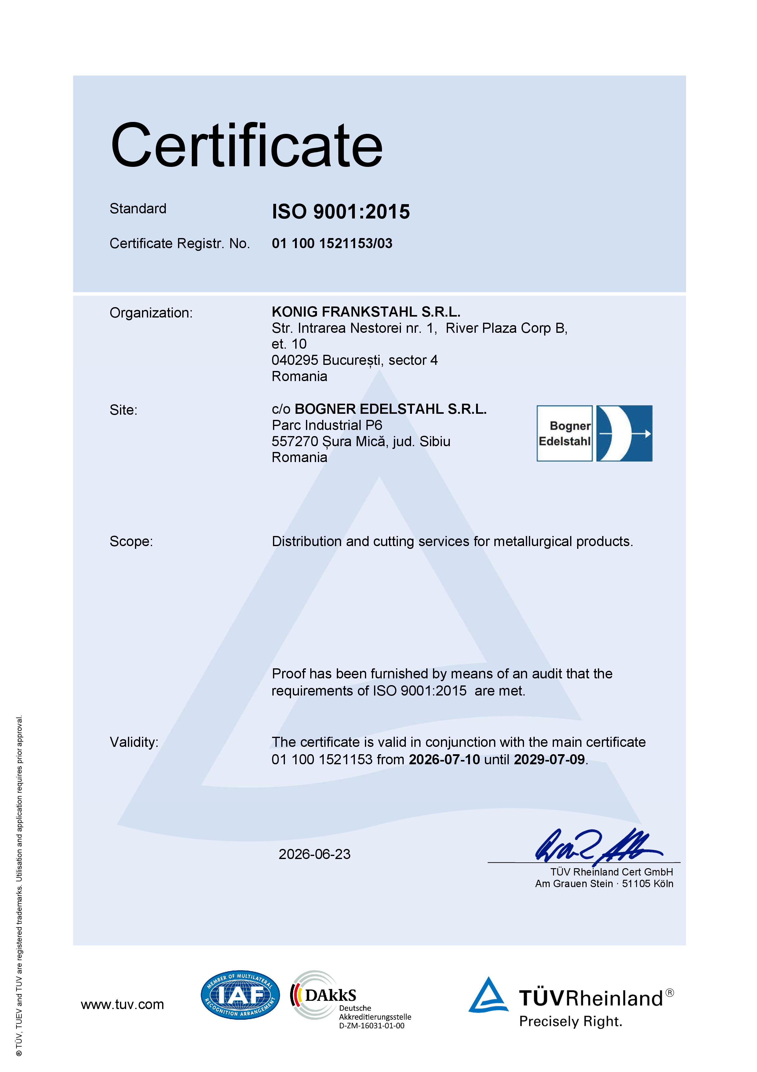 Certificate Bogner ISO 9001:2015
