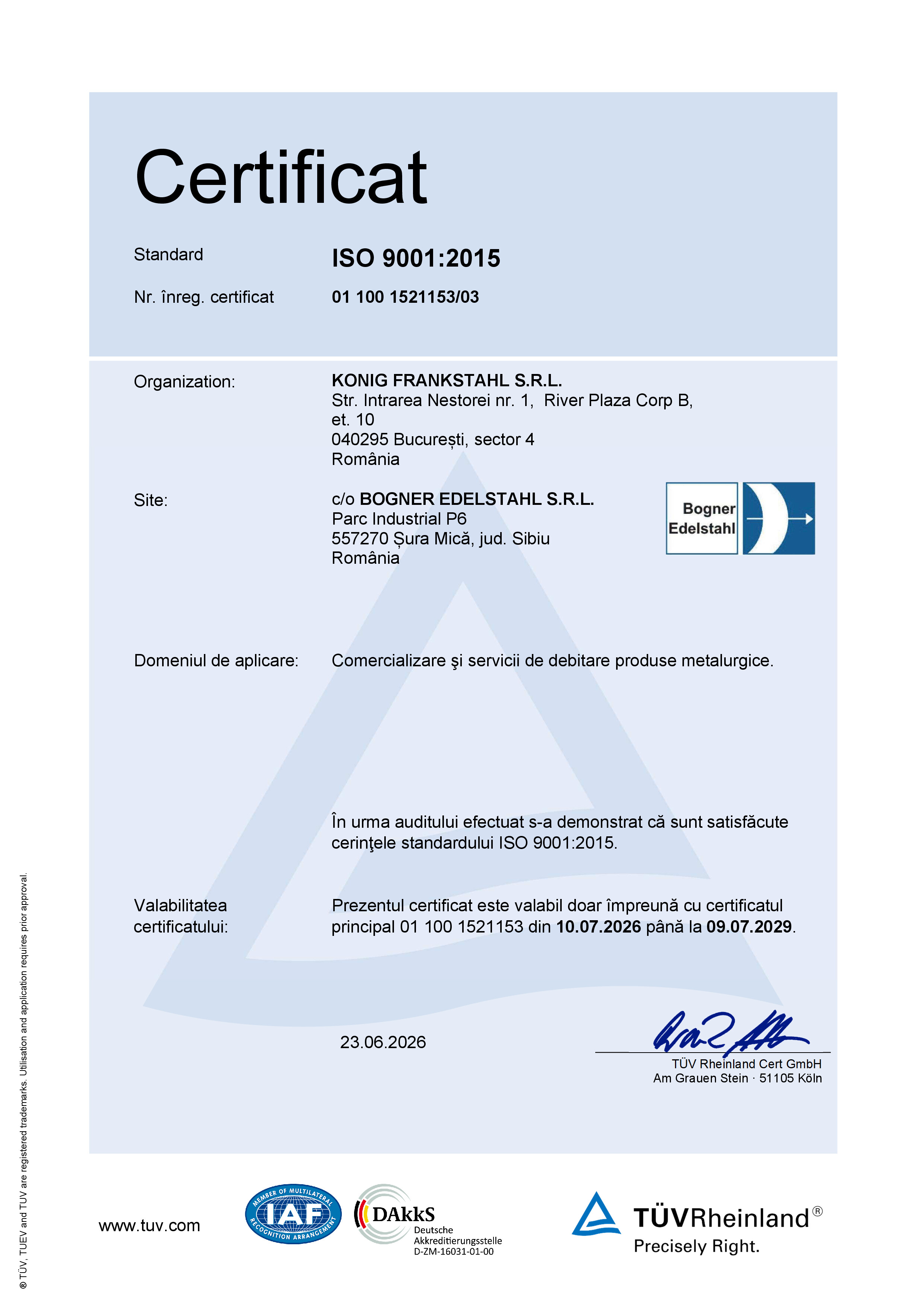 Certificat Bogner ISO 9001:2015