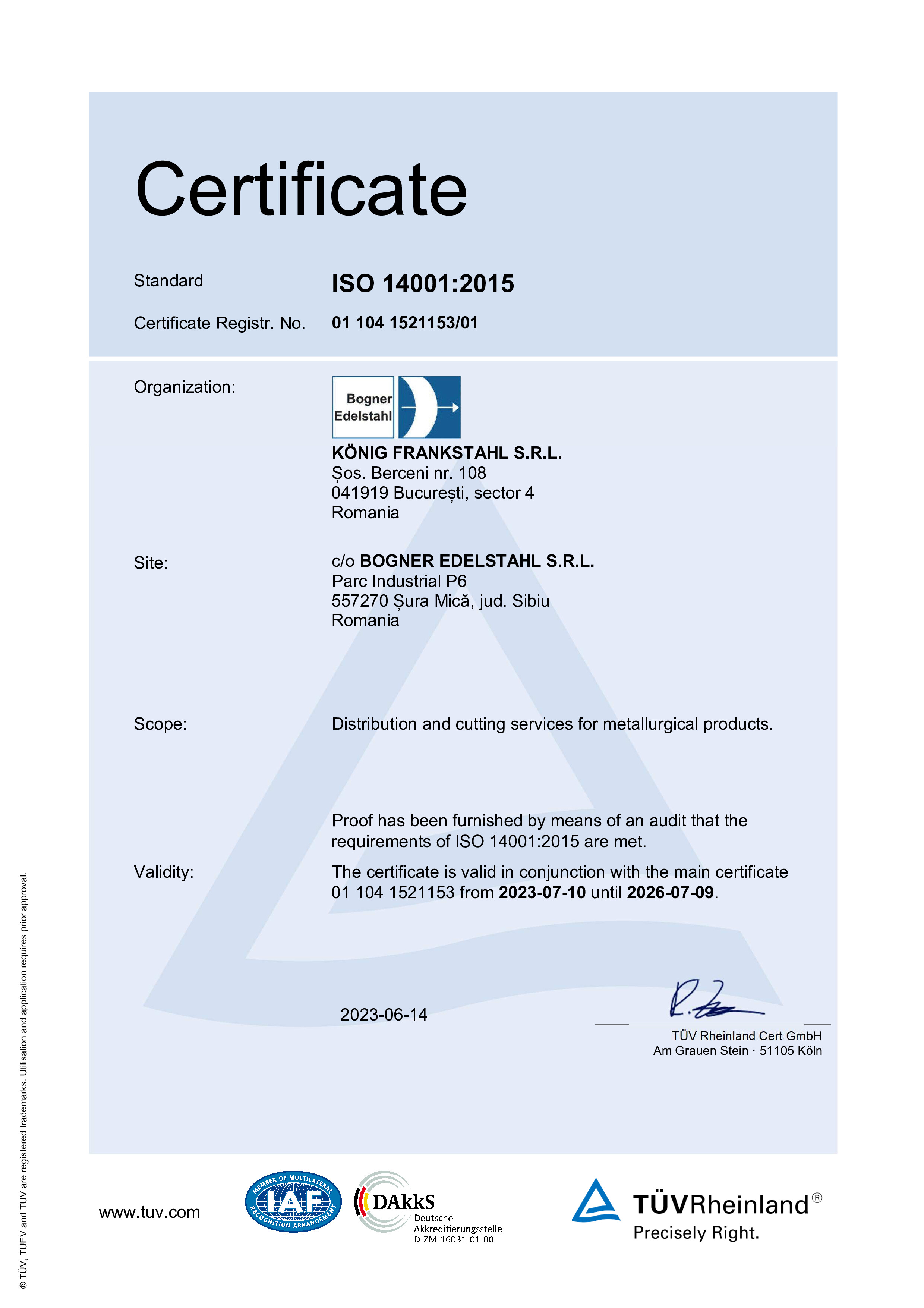 Certificate Bogner ISO 14001:2015