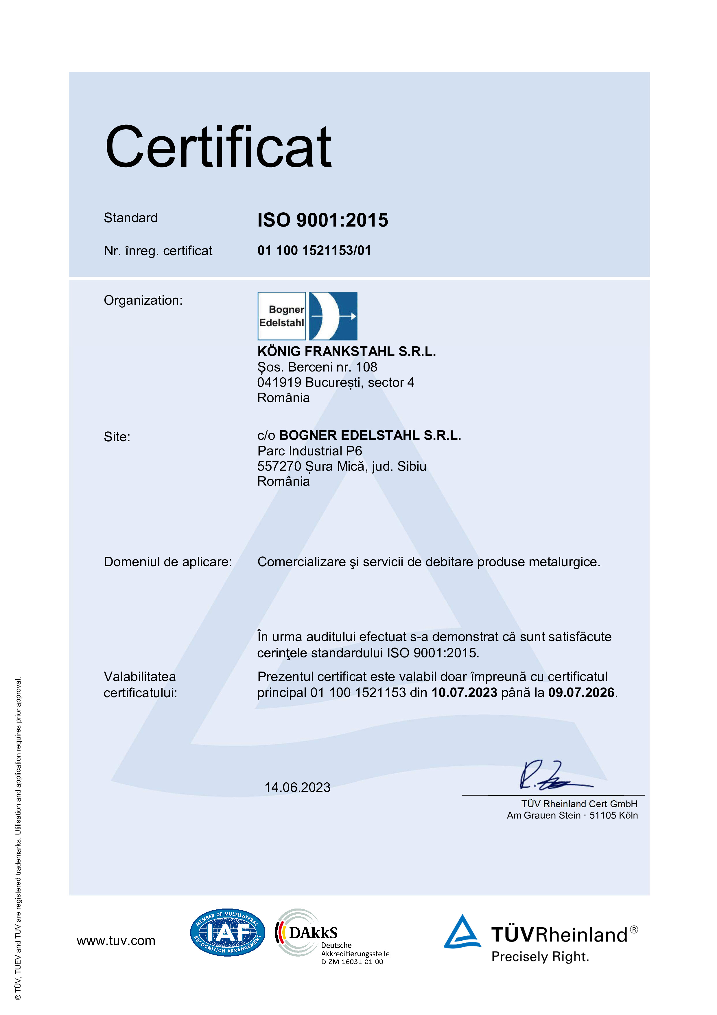 Certificat Bogner ISO 9001:2015