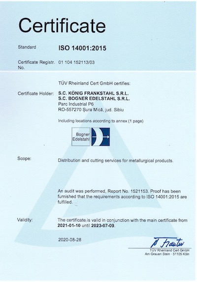 Certificate Bogner ISO 14001:2015